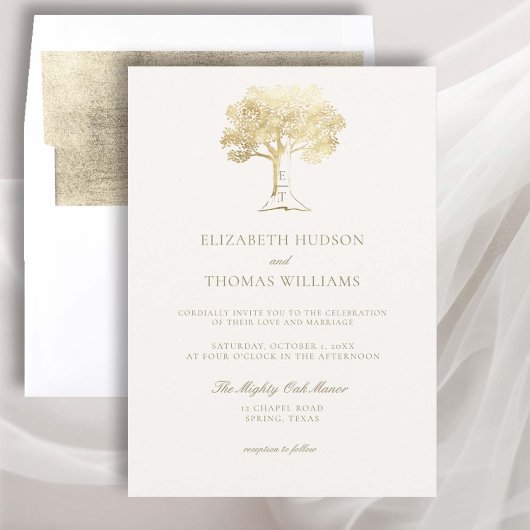 Invitation Mighty Oak Faux Gold Monogrammes Mariage officiel