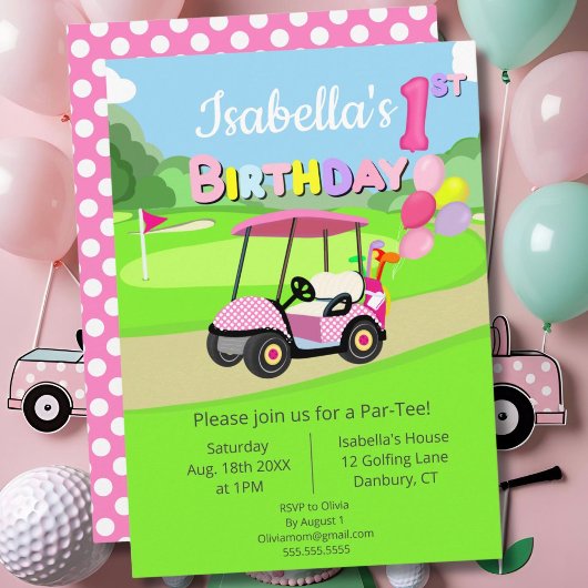 Invitation Mignon 1er Anniversaire Polka Dot Rose Girl Golf