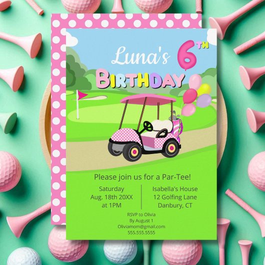 Invitation Mignon 6 Anniversaire Polka Dot Rose Girl Golf
