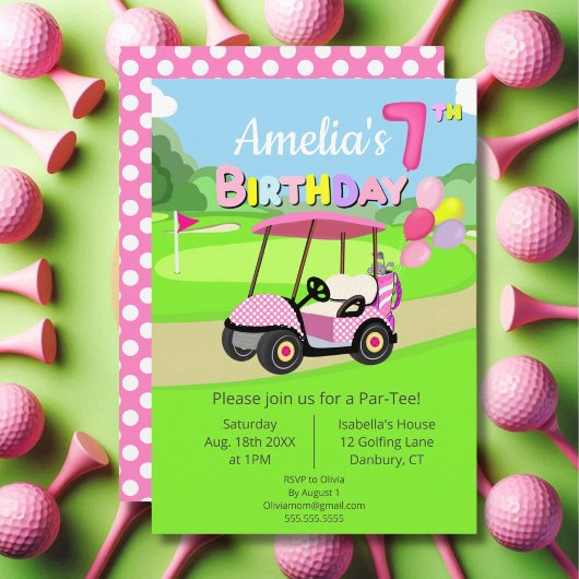 Invitation Mignon 7e anniversaire Polka Dot Rose Girl Golf