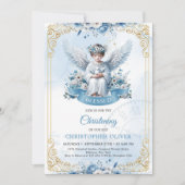 Invitation mignon ange bleu fleurs or cadre garçon baptême (Devant)