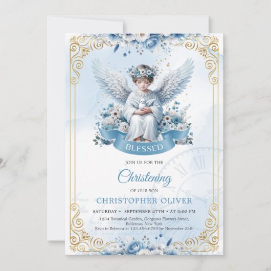 Invitation mignon ange bleu fleurs or cadre garçon baptême (Devant)