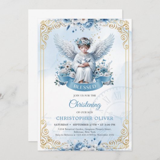 Invitation mignon ange bleu fleurs or cadre garçon baptême (Devant / Derrière)