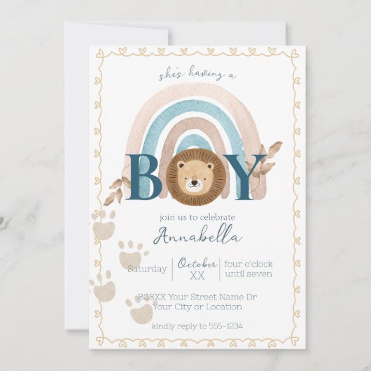 Invitation Mignon bébé garçon Boho Lion empreintes de pattes (Devant)