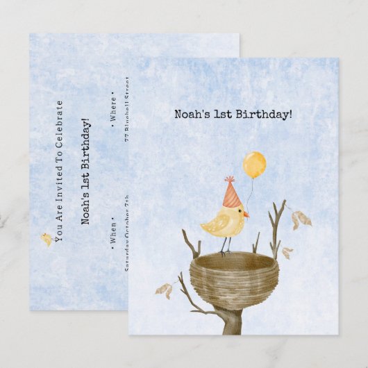 Invitation Mignon Bébé Oiseau Jaune Avec Ballon (Devant / Derrière)