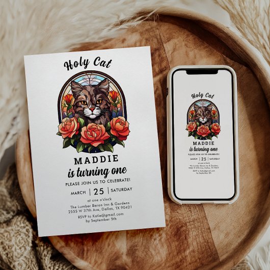 Invitation mignon Chat I’m One ! Cute Cat Girl 1er anniversai