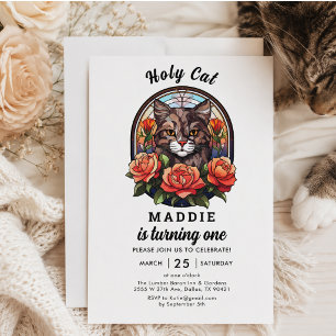 Invitation Mignon Chat J'ai Un An ! Mignonne Fille du Chat 1e