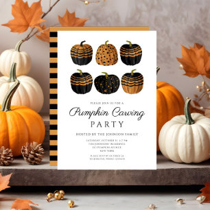 Invitation Mignon Citrouille Noire Orange Gravure Halloween
