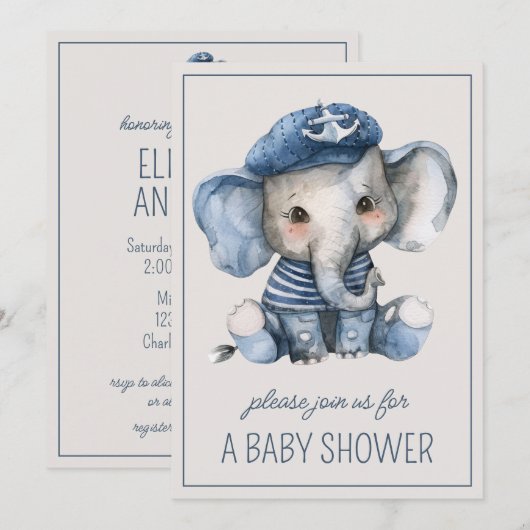 Invitation Mignon éléphant bébé bleu nautique personnalisé (Devant / Derrière)