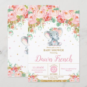 Invitation Mignon éléphant floral rose Baby Shower Bébé Fille