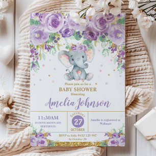 Invitation Mignon éléphant floral violet Baby Shower Bébé Fil