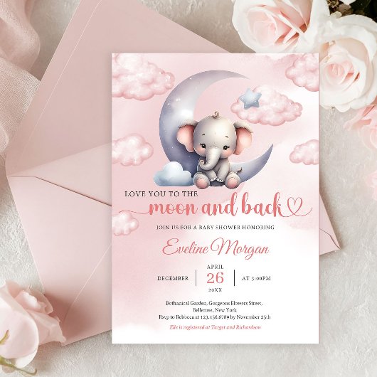 Invitation Mignon éléphant lune et dos fille Baby Shower