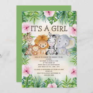 Invitation Mignon Jungle Safari Animaux bébé fille