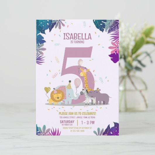 Invitation Mignon Jungle Safari Animaux Filles Anniversaire (Debout devant)