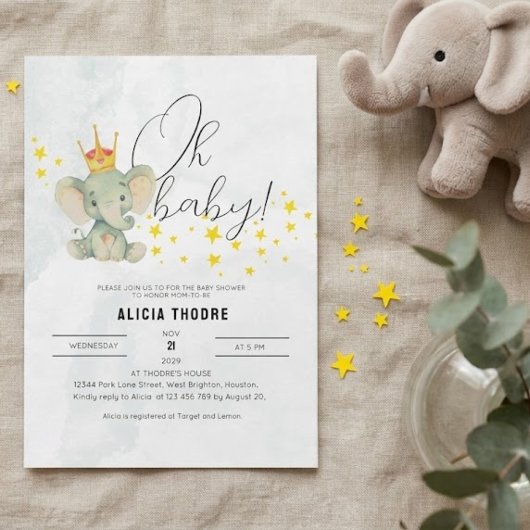 Invitation Mignon Oh Bébé Fête de Naissance Éléphant Mixte po