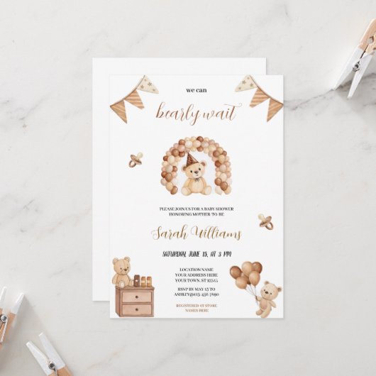 Invitation mignon on peut attendre brun ours babyshower (Devant/Arrière en situation)