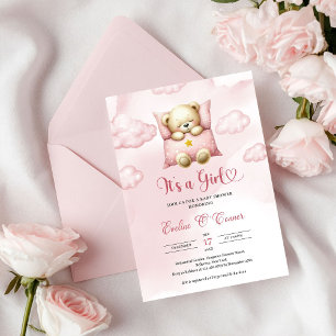 Invitation Mignon ours en peluche endormi C'est une fille Bab