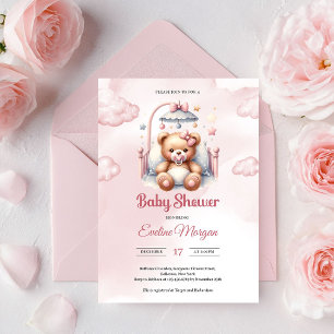 Invitation Mignon ours en peluche rose aquarelle de fille dan
