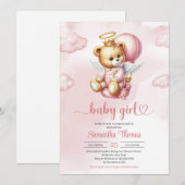 Invitation mignon ours en teddy ange montgolfière fille (Devant / Derrière)