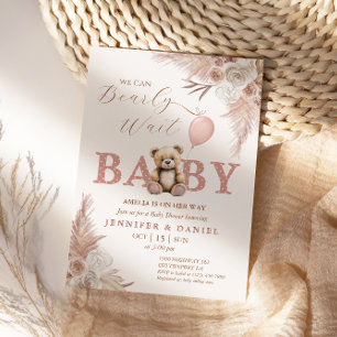 Invitation Mignon Ourson Attend Bébé Fête Rose Bohème Floral 