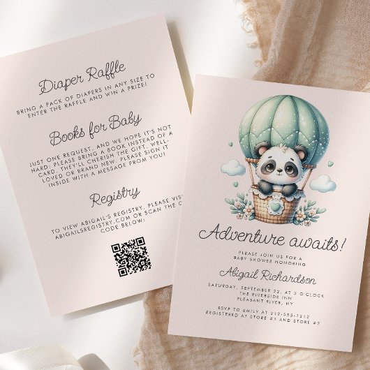 Invitation Mignon Panda Vert Menthe Rouge à Joues Code QR Bab