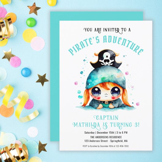Invitation Mignon Petite fille pirate Turquoise Anniversaire