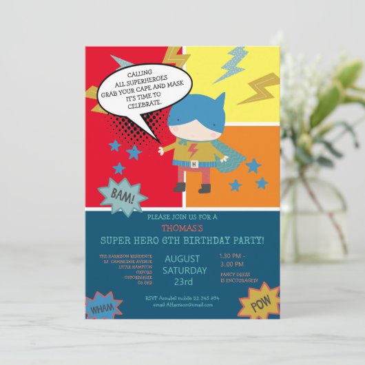 Invitation Mignon super héros Thème de bande dessinée Enfants (Debout devant)