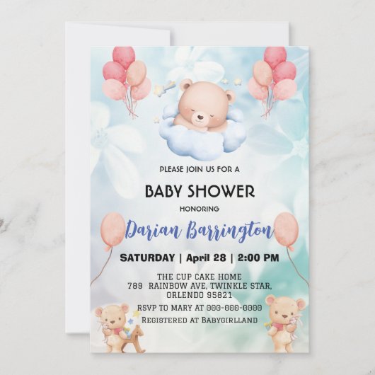 Invitation mignonette en peluche Bear ballon de fleurs baby s (Devant)