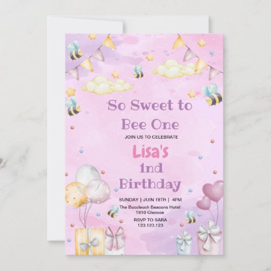 Invitation Mignonne 1er Anniversaire Honey Sweet Bee Purpule (Devant)