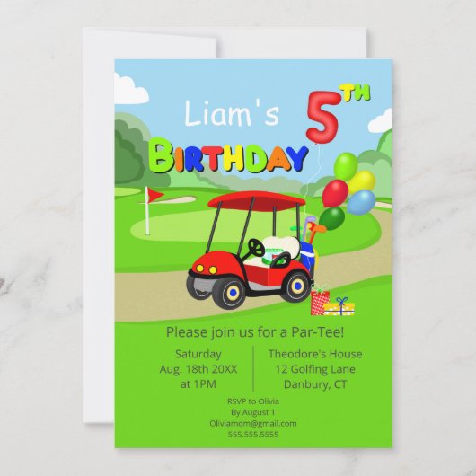 Invitation Mignonne 5e anniversaire Red Golf Cart Boy's (Devant)