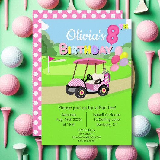 Invitation Mignonne 8e anniversaire Polka Dot Rose Girl Golf