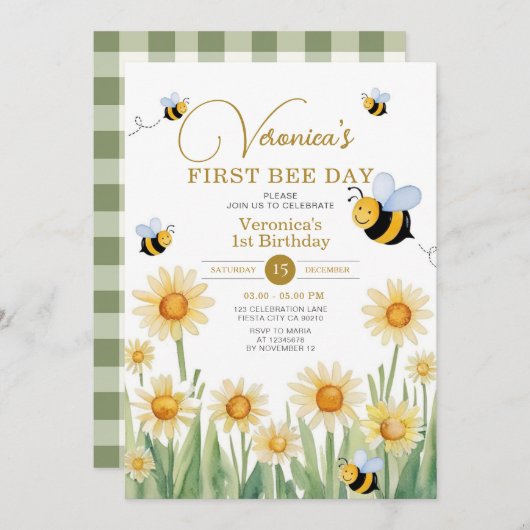 Invitation Mignonne Abee Premier Anniversaire Douce À Être Un (Devant / Derrière)