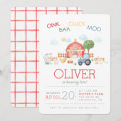 Invitation Mignonne Aquarelle Animaux de Ferme Rou (Devant / Derrière)