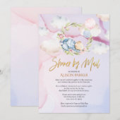 Invitation Mignonne Baby shower de ciel rose à l'ours de bois (Devant / Derrière)