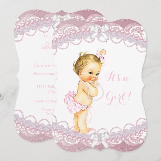 Invitation Mignonne Baby shower fille perles roses dentelle B (Devant / Derrière)