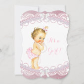 Invitation Mignonne Baby shower fille perles roses dentelle B (Devant)