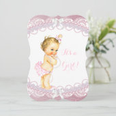 Invitation Mignonne Baby shower fille perles roses dentelle B (Debout devant)