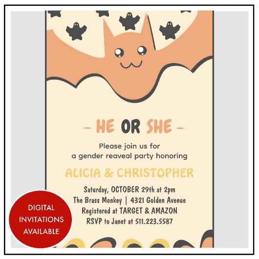 Invitation Mignonne batte Orange He or She Halloween genre ré