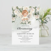Invitation Mignonne bébé ange Roses blanches Verdure et or (Debout devant)