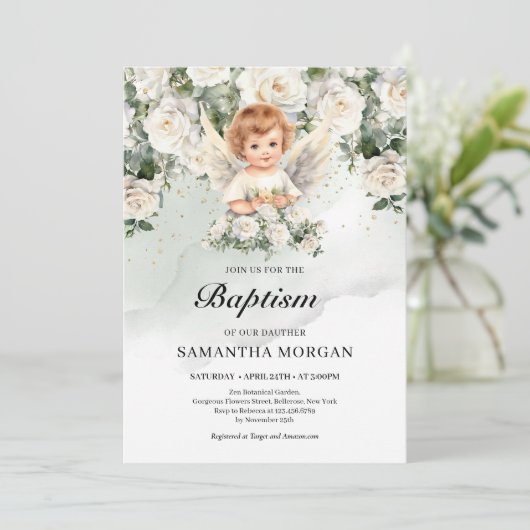 Invitation Mignonne bébé ange Roses blanches Verdure et or (Debout devant)