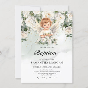 Invitation Mignonne bébé ange Roses blanches Verdure et or