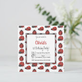Invitation Mignonne Black Red Ladybug Motif 1ère fête d'anniv (Debout devant)