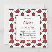 Invitation Mignonne Black Red Ladybug Motif 1ère fête d'anniv (Devant)