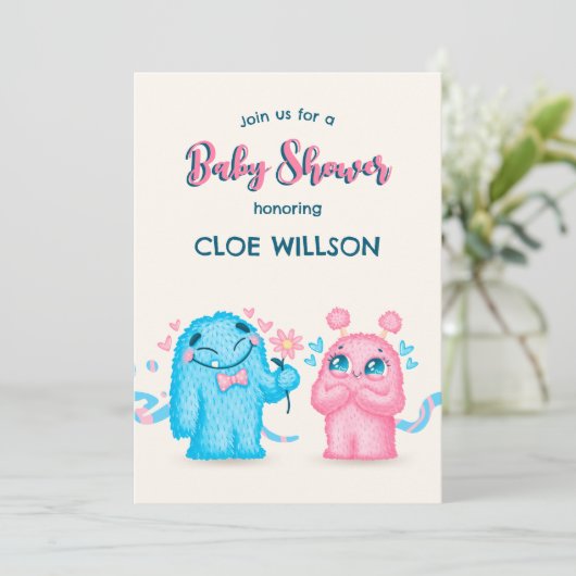 Invitation Mignonne bleu rose Monster sexe révéler baby showe (Debout devant)