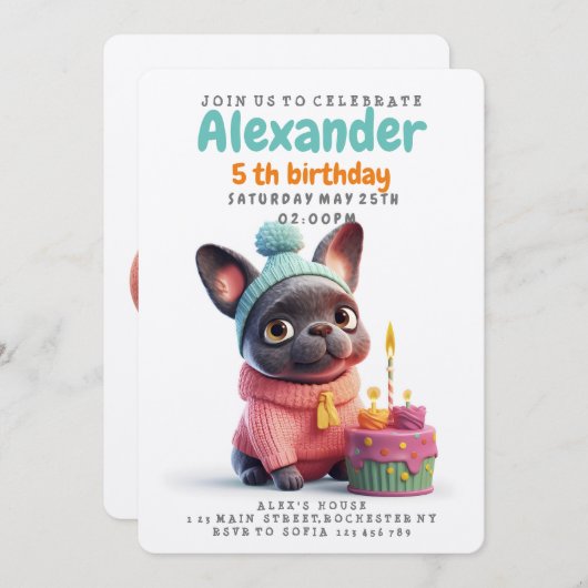 Invitation Mignonne bulldog française, robe rose, gâteau d'an (Devant / Derrière)