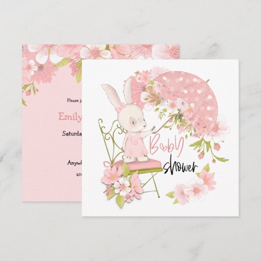 Invitation Mignonne Bunny Parapluie Florals Baby shower fille (Devant / Derrière)