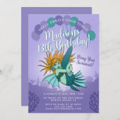 Invitation Mignonne caricature Sirène fille pourpre 13e anniv (Devant / Derrière)