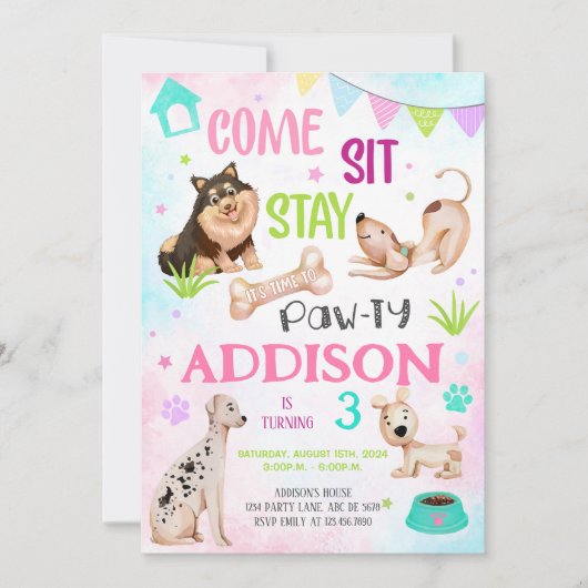 Invitation Mignonne Chien Anniversaire Pawty (Devant)