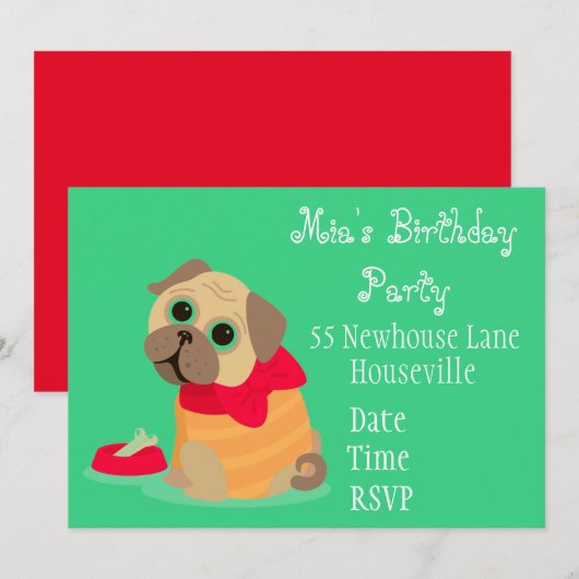 Invitation Mignonne chien carlin amoureux des animaux fille P (Devant / Derrière)