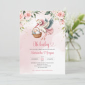 Invitation Mignonne cigogne livrant une petite fille florale (Debout devant)